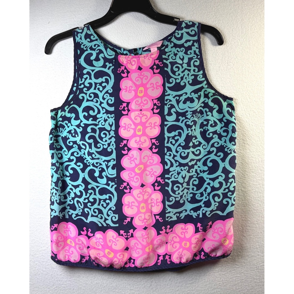 Lilly Pulitzer Silk Tank Top Womens Small Blue Pink Excellent Button Back Floral
